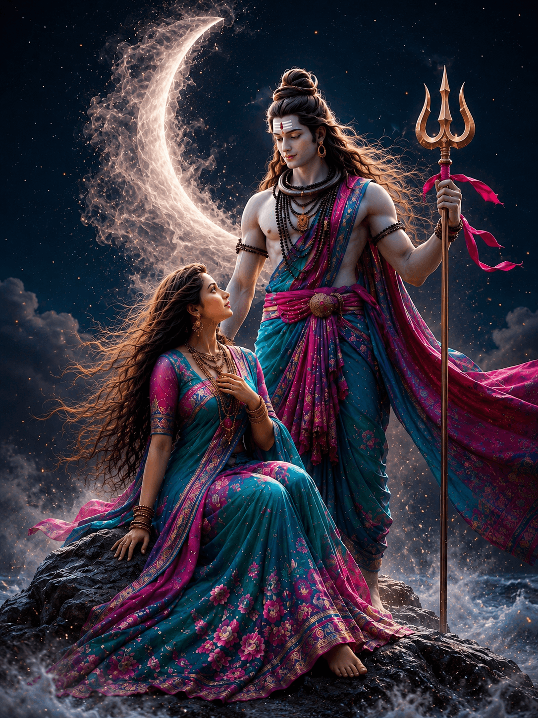 Lord Shiva and Goddess Parvati under a crescent moon with Trishul, celestial night sky, HD 4K devotional wallpaper free download.