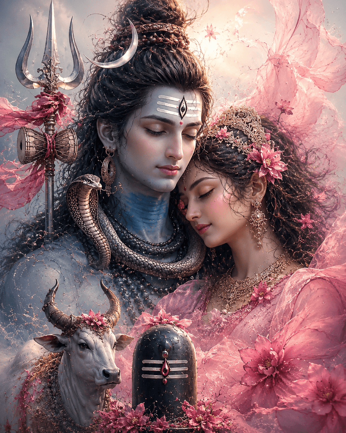 Lord Shiva and Goddess Parvati with Shivling, Nandi, Trishul, sacred serpent, pink flowers, HD 4K devotional wallpaper free download.