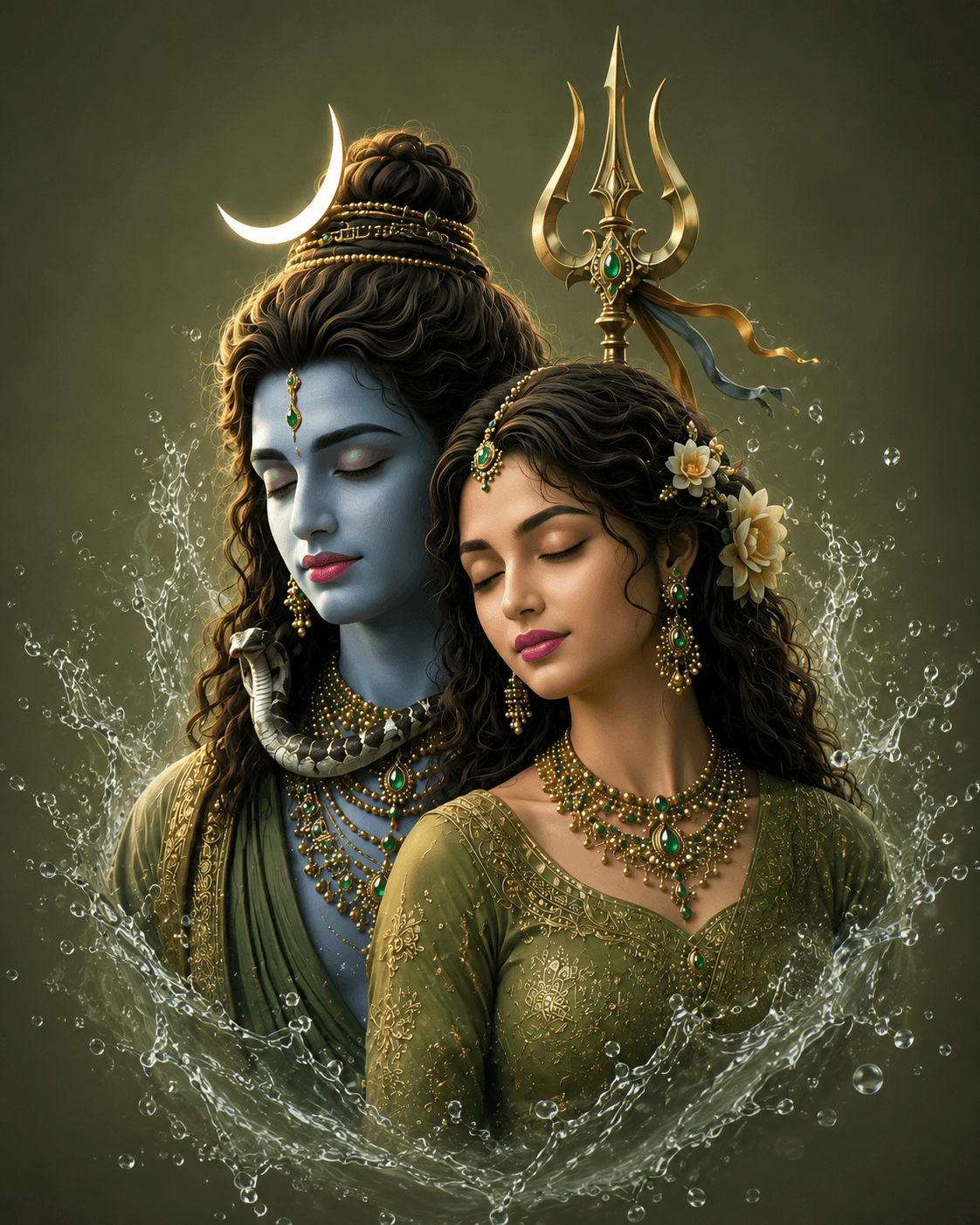 Lord Shiva and Goddess Parvati close-up portrait with Trishul, serpent, emerald jewelry, green attire, water splash, HD 4K devotional wallpaper.