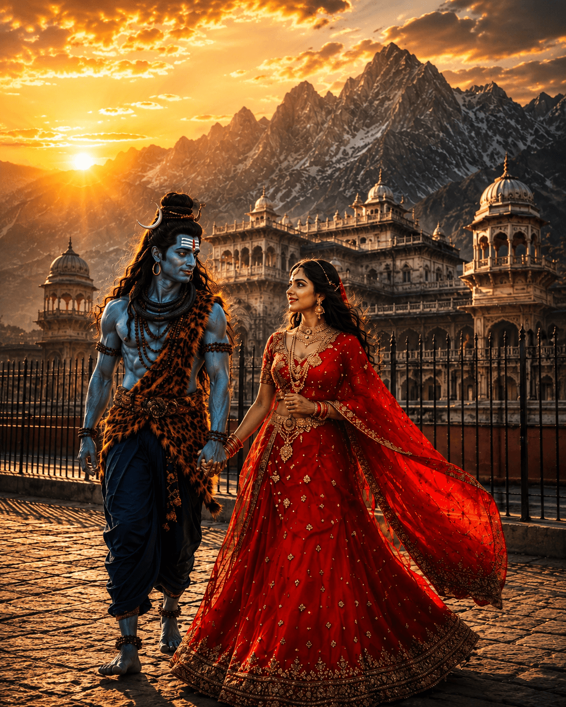 Lord Shiva and Goddess Parvati walking hand in hand before a Himalayan temple at sunrise, HD 4K devotional wallpaper free download.