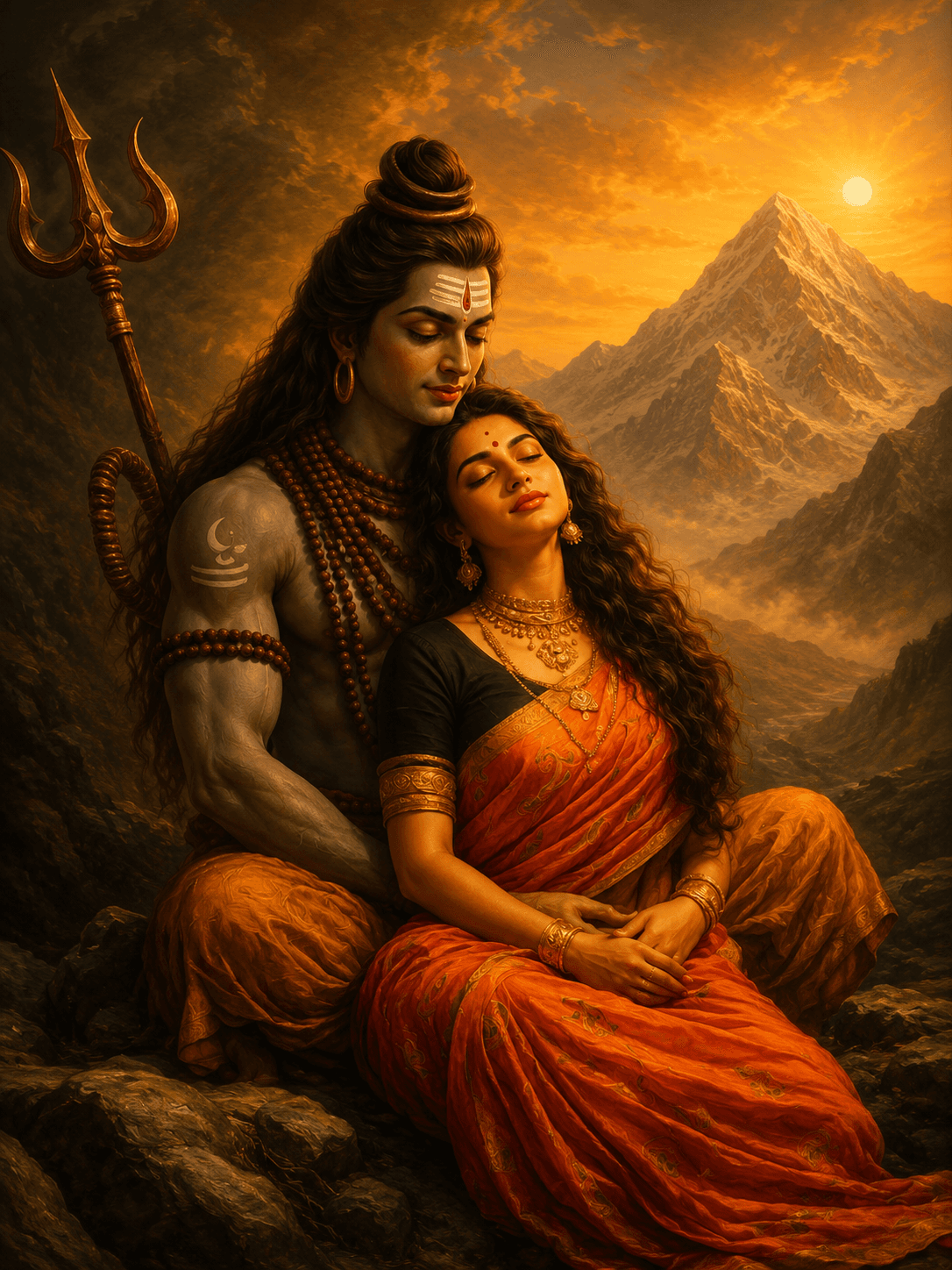 Lord Shiva and Goddess Parvati embracing at Himalayan sunset with Trishul, Rudraksha beads, orange saree, divine love, HD 4K devotional wallpaper.