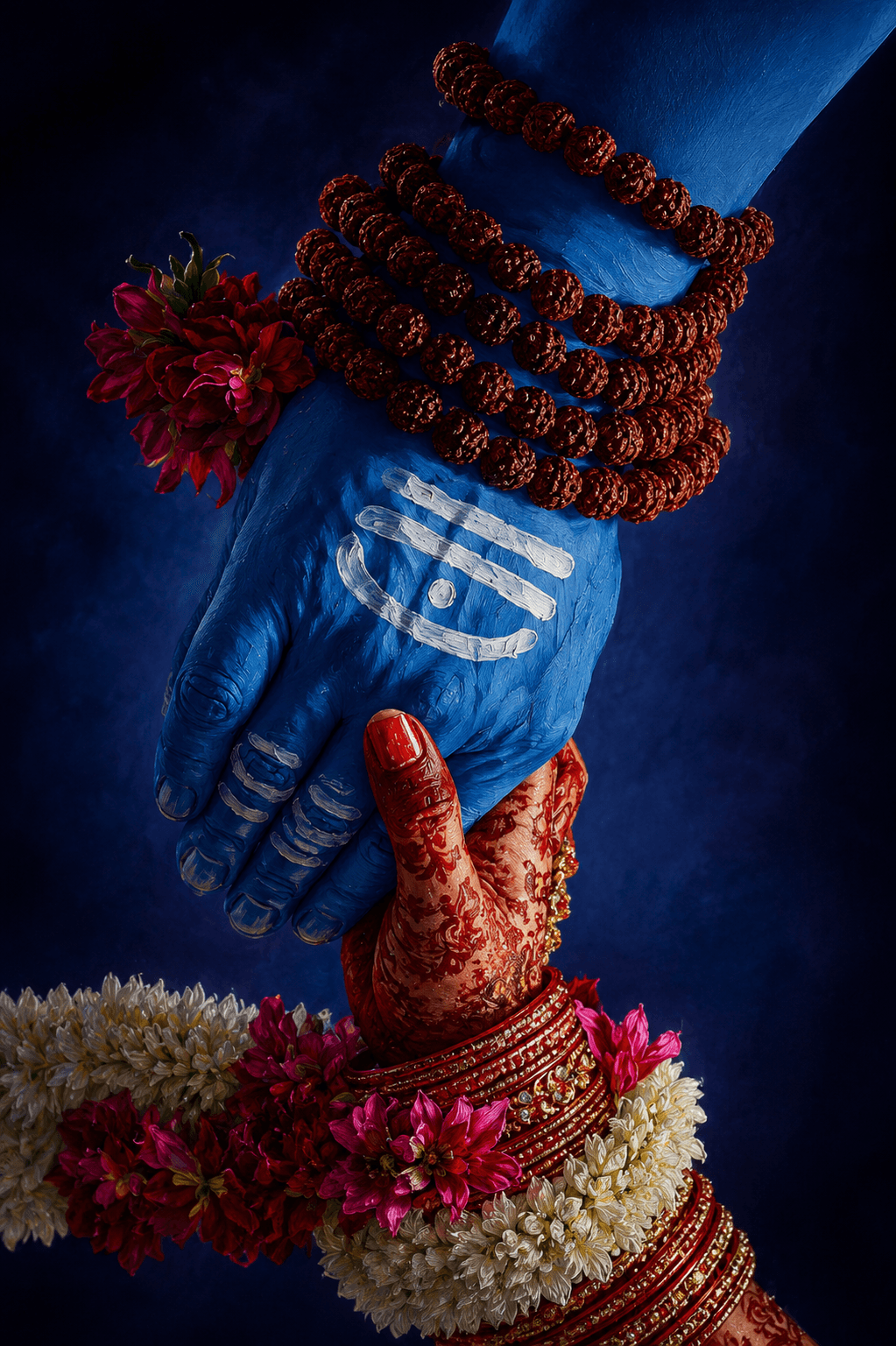 Lord Shiva and Goddess Parvati holding hands with Rudraksha beads, Tripundra tilak, mehndi, bridal bangles, floral garlands, HD 4K devotional artwork.