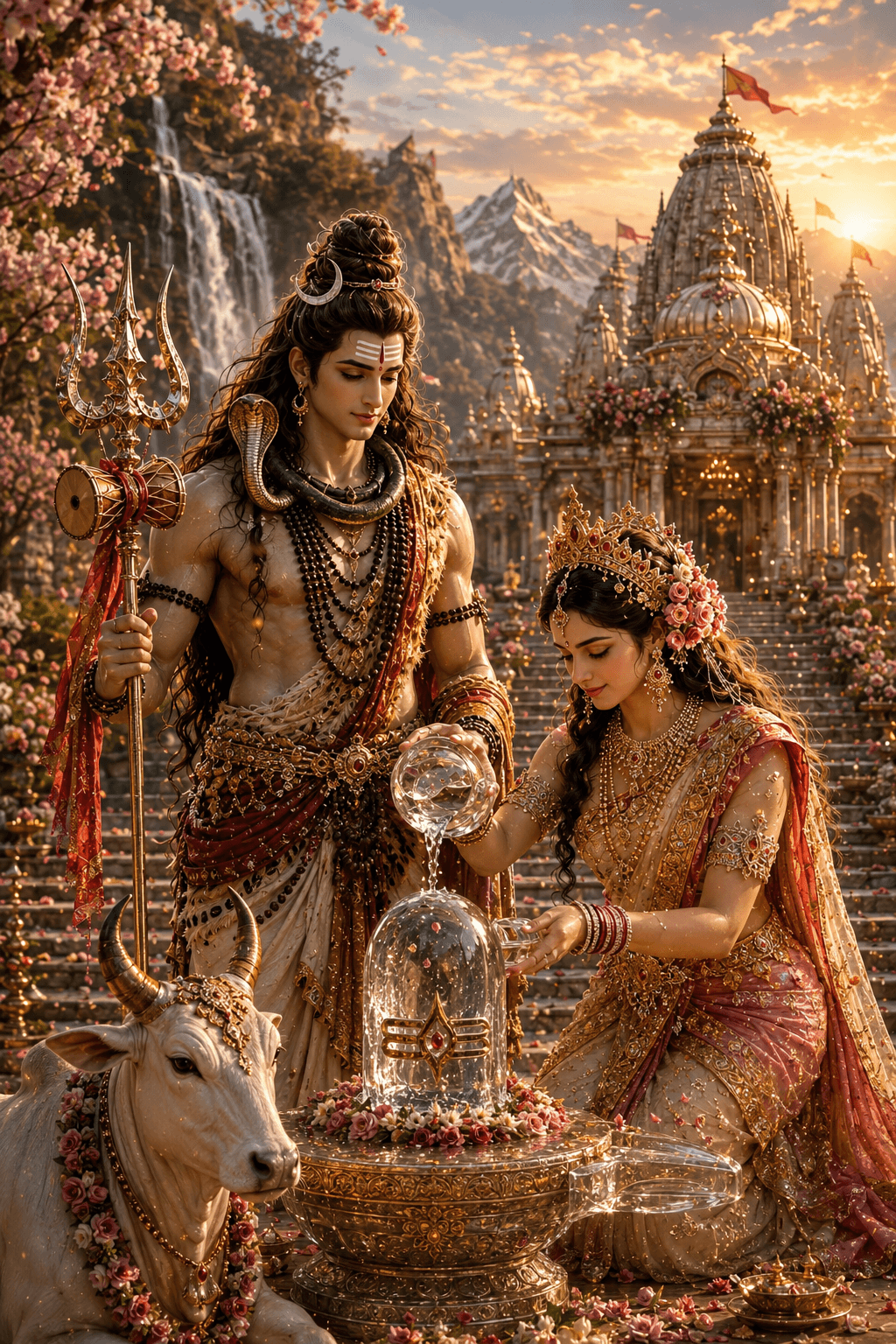 Beautiful 4K Shiv Parvati image performing Shivling Abhishek in a divine temple, free HD wallpaper and image download for devotional use.