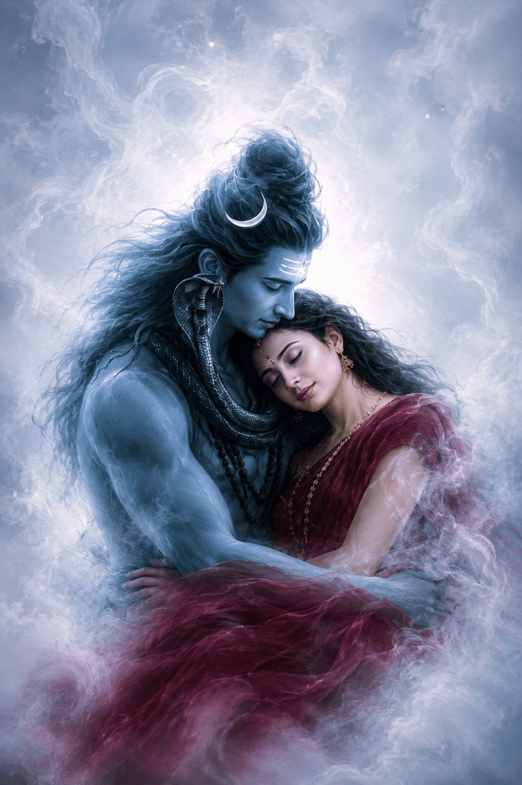 Lord Shiva and Goddess Parvati embracing in heavenly clouds with serpent, crescent moon, HD 4K devotional wallpaper free download.