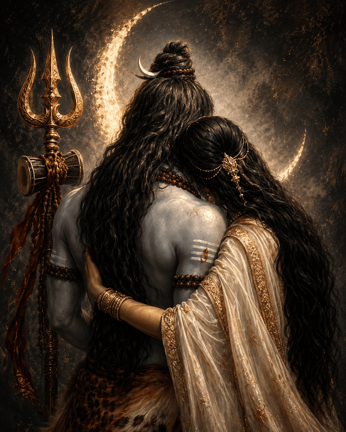 Beautiful 4K artwork of Lord Shiva and Goddess Parvati embracing beneath a glowing crescent moon with Trishul, Damru, and Rudraksha Mala, free HD download for wallpapers, devotional use, and spiritual projects.