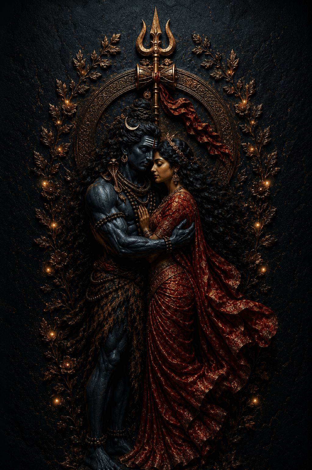 Beautiful 4K Shiv Parvati devotional artwork embracing with Trishul in the background, free HD image and wallpaper download for devotees.