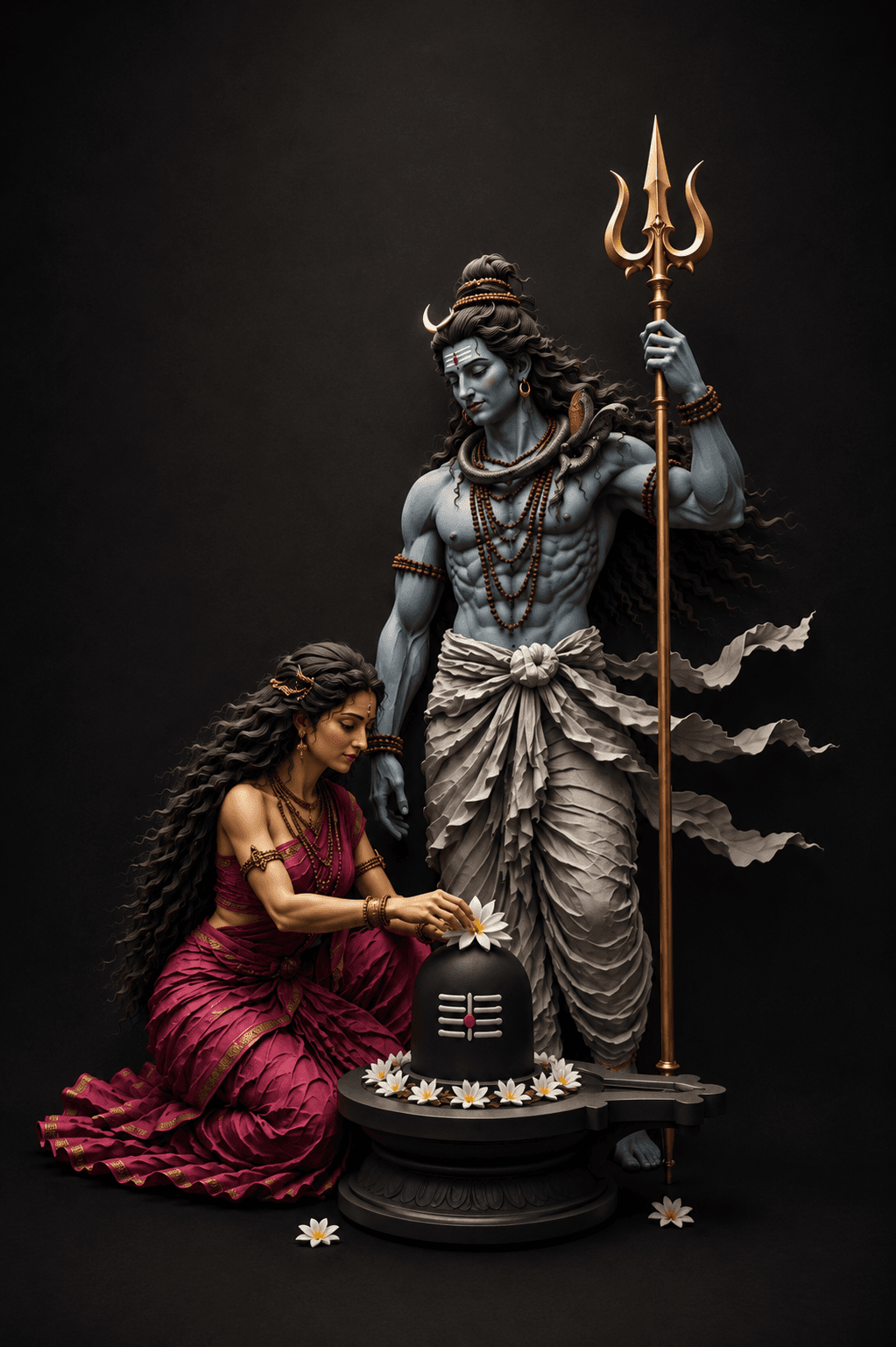 Beautiful 4K image of Goddess Parvati offering white flowers to a sacred Shivling while Lord Shiva stands with a trishul, free HD wallpaper and instant download.