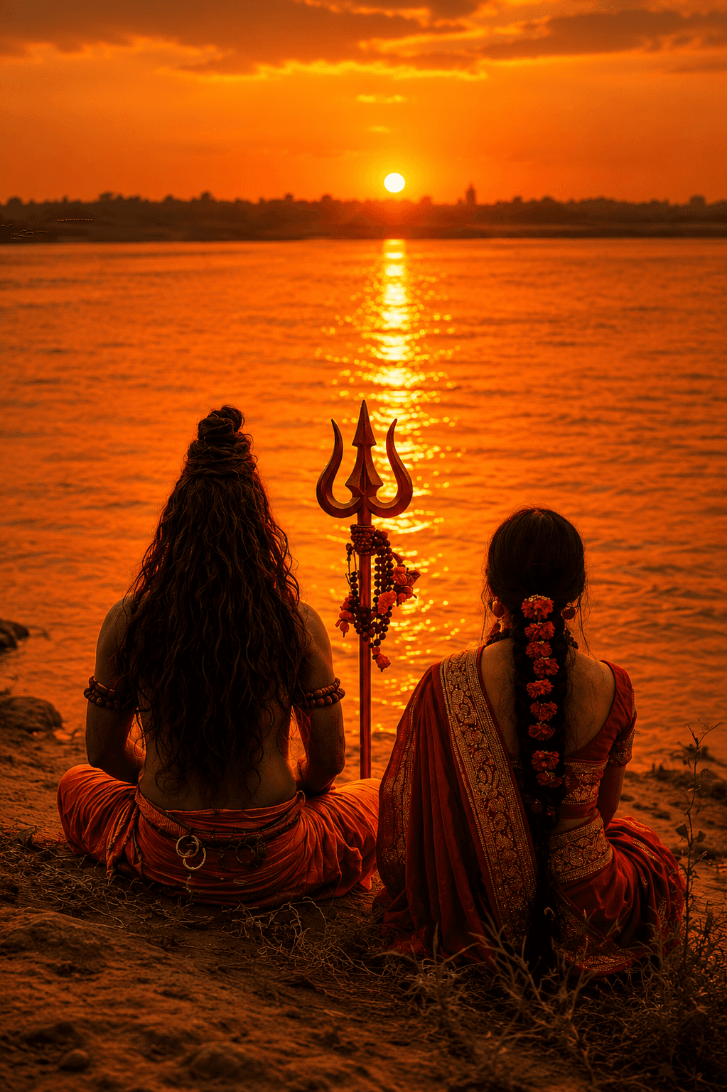 Lord Shiva and Goddess Parvati sitting by a sacred river at sunset with Trishul, red saree, golden sky, HD 4K devotional wallpaper.