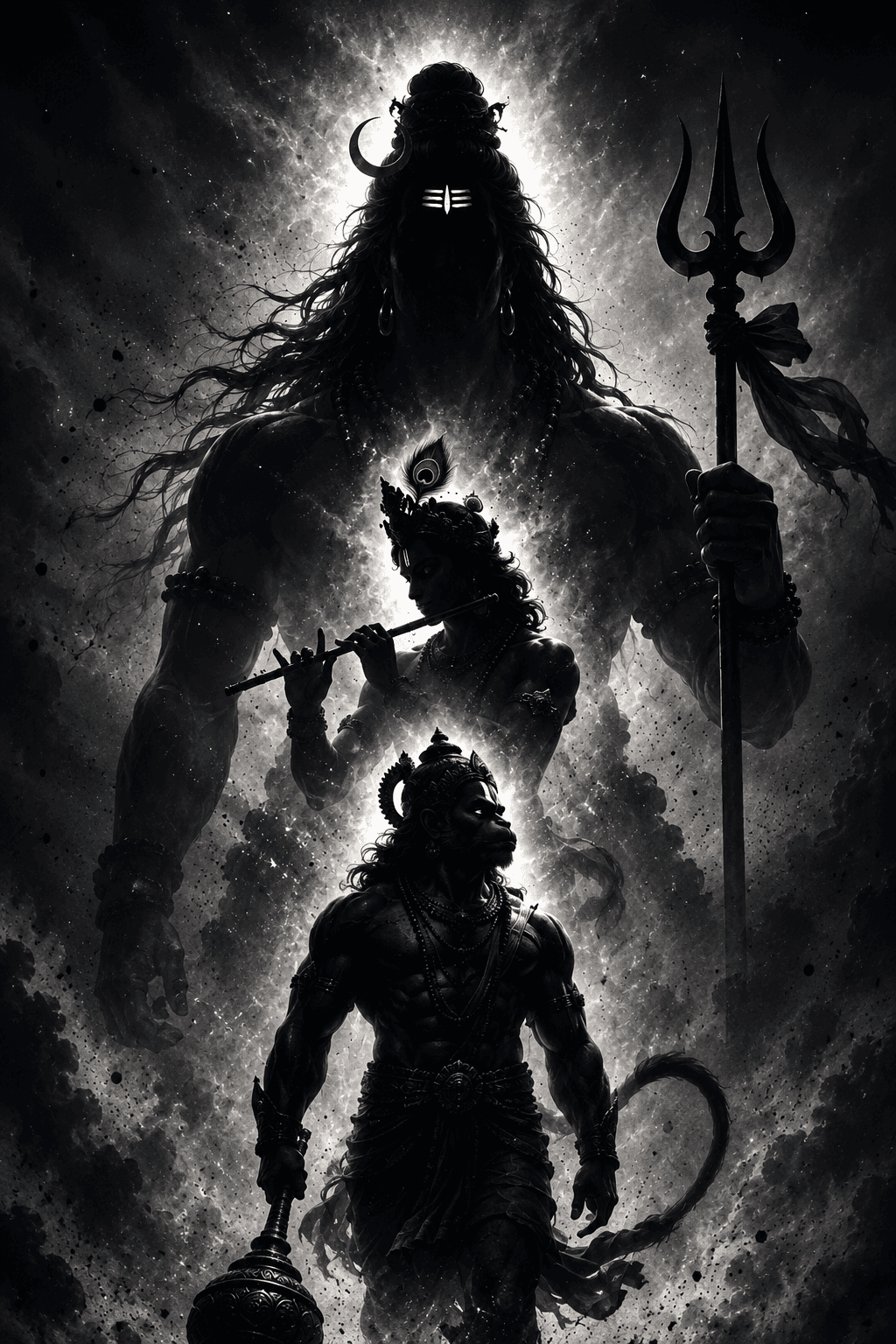 Powerful 4K artwork featuring Lord Shiva with a Trishul, Lord Krishna playing the flute, and Lord Hanuman holding a mace, free HD image to download.