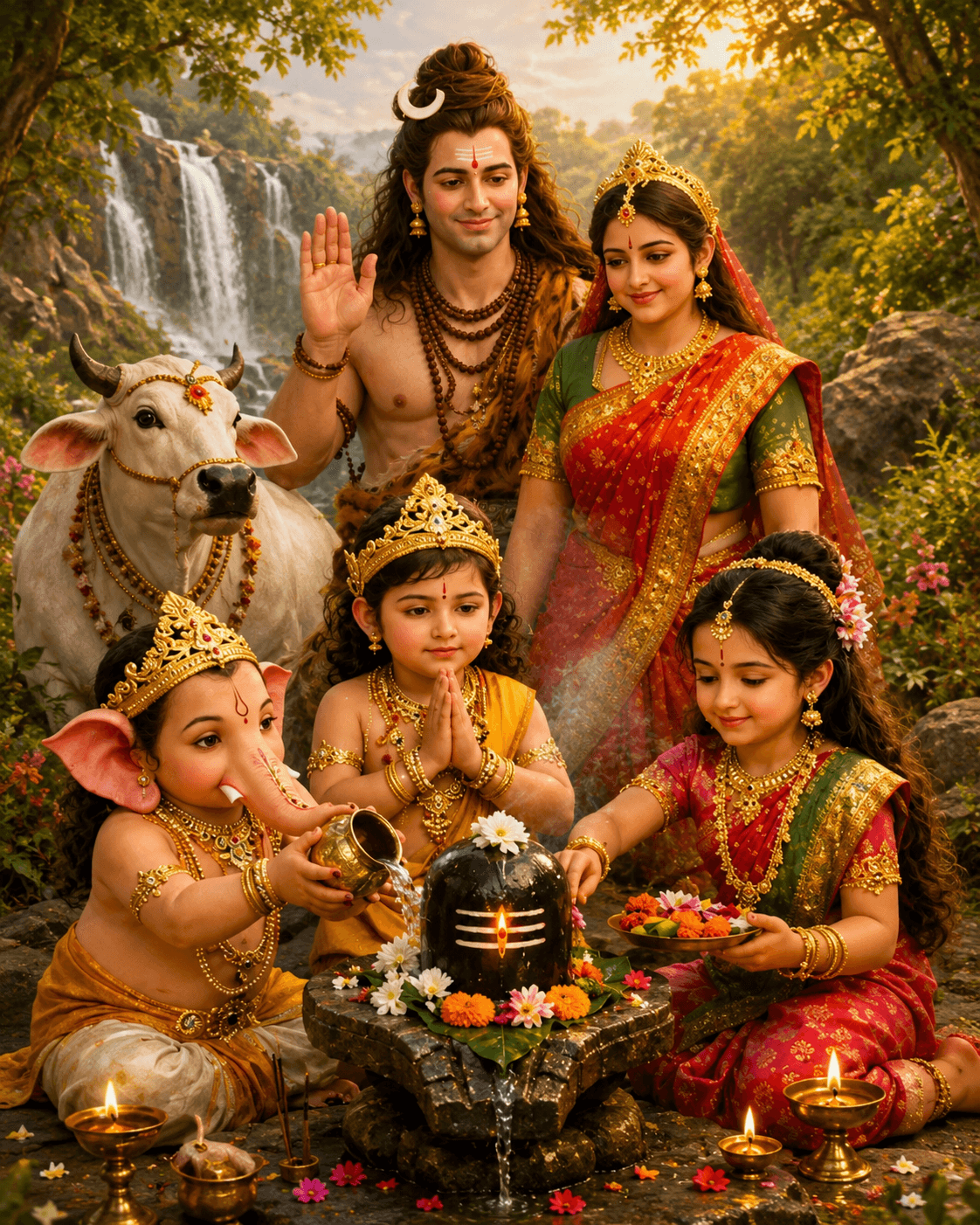 Beautiful 4K Shiva Parivar image showing Lord Shiva, Goddess Parvati, Lord Ganesha, Lord Kartikeya, and Nandi performing Shivling Abhishek in a scenic forest, free HD download.