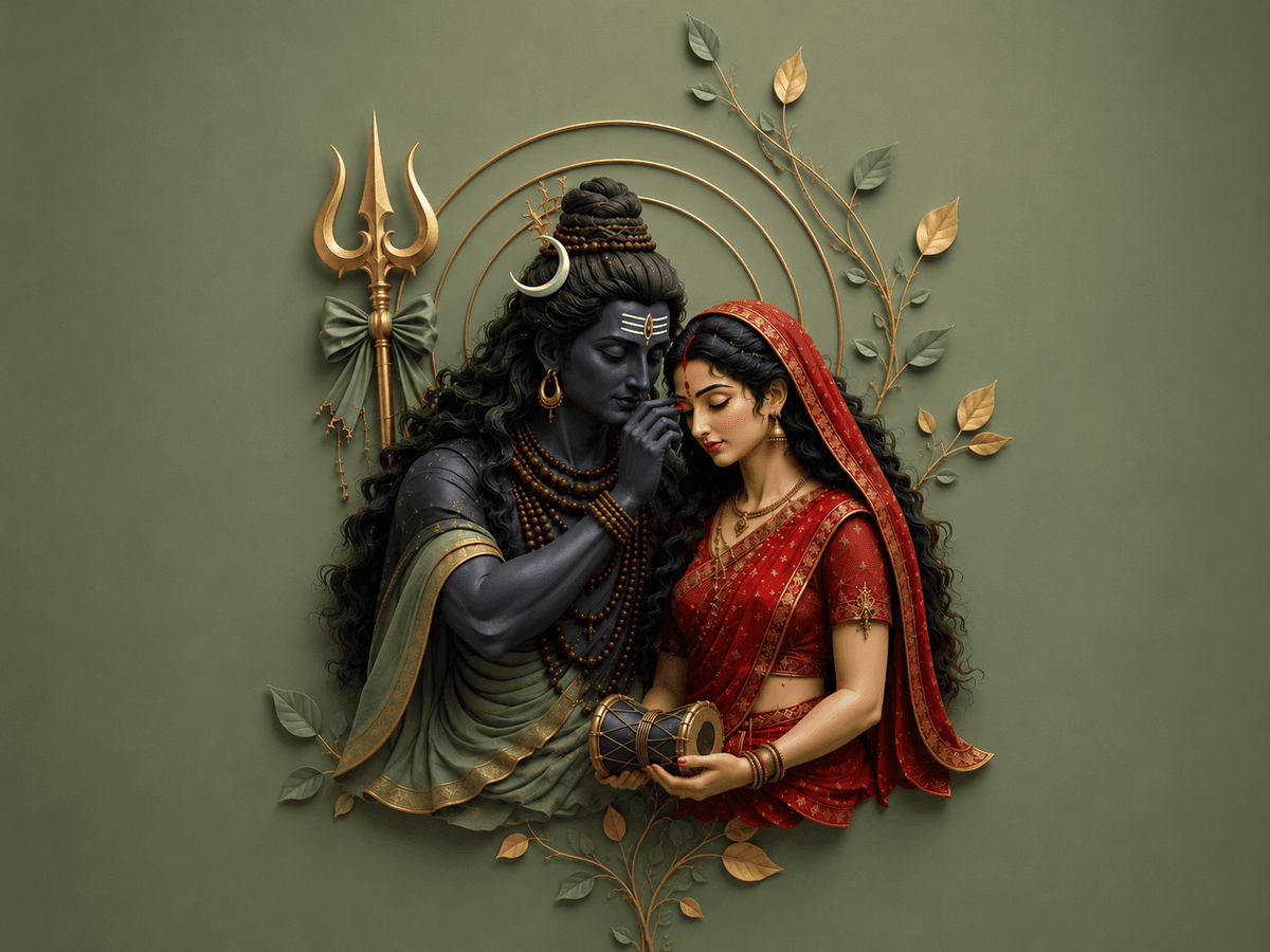 Elegant 4K artwork of Lord Shiva and Goddess Parvati in a devotional embrace with a Trishul, Damru, crescent moon, and botanical golden accents, free HD download.