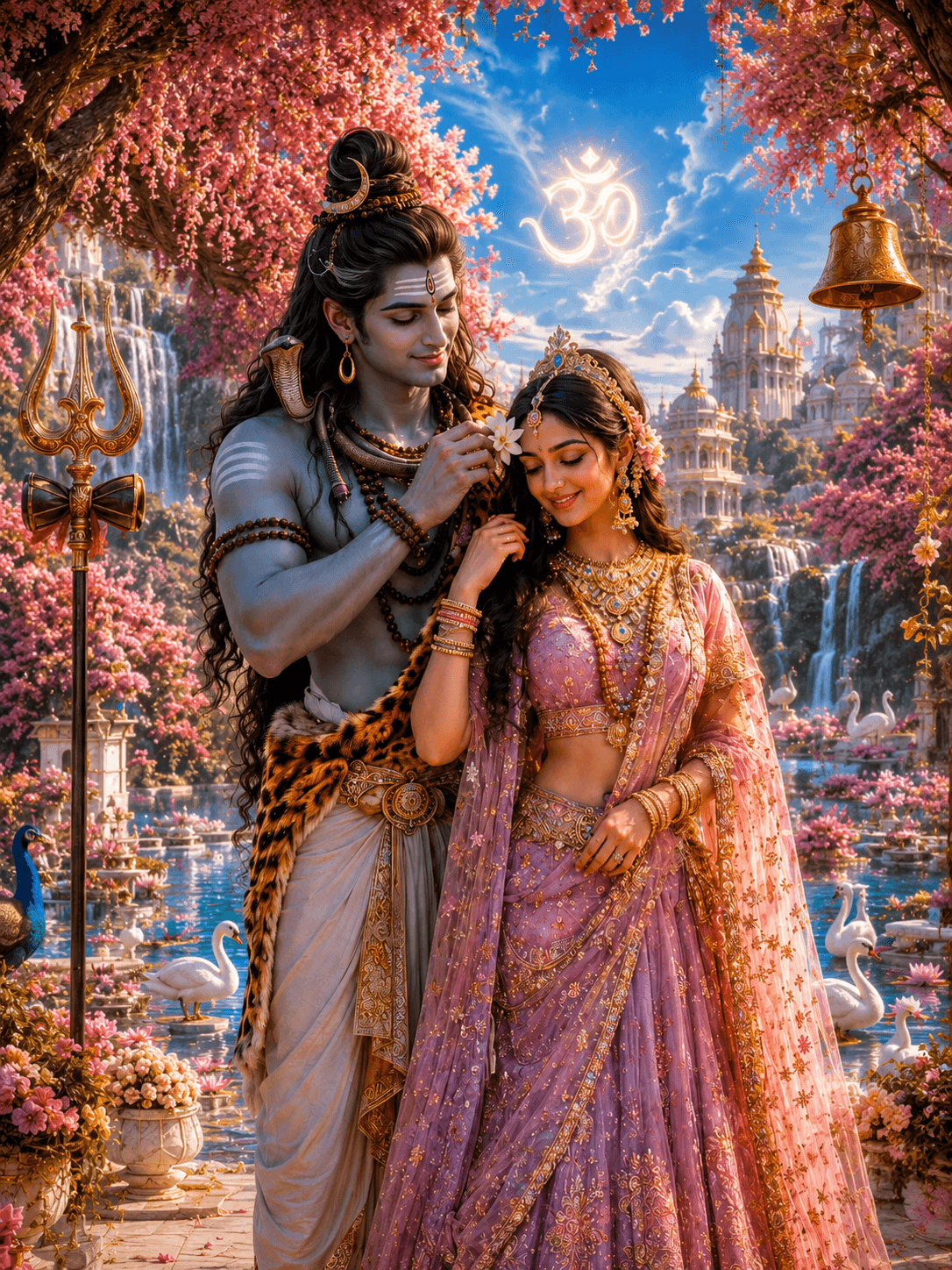Stunning 4K image of Lord Shiva placing a flower in Goddess Parvati's hair in a divine garden with temples, waterfalls, swans, peacocks, cherry blossoms, and the sacred Om symbol, free HD download.