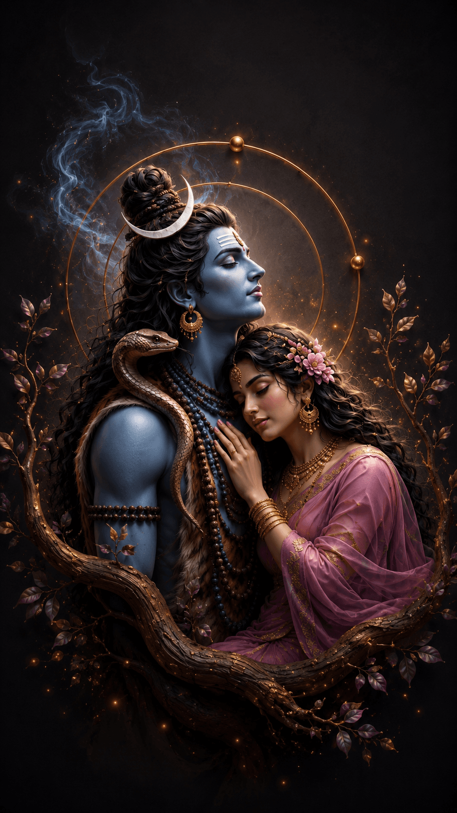 Beautiful 4K image of Lord Shiva embracing Goddess Parvati with a sacred serpent, crescent moon, and glowing divine aura, free HD download.