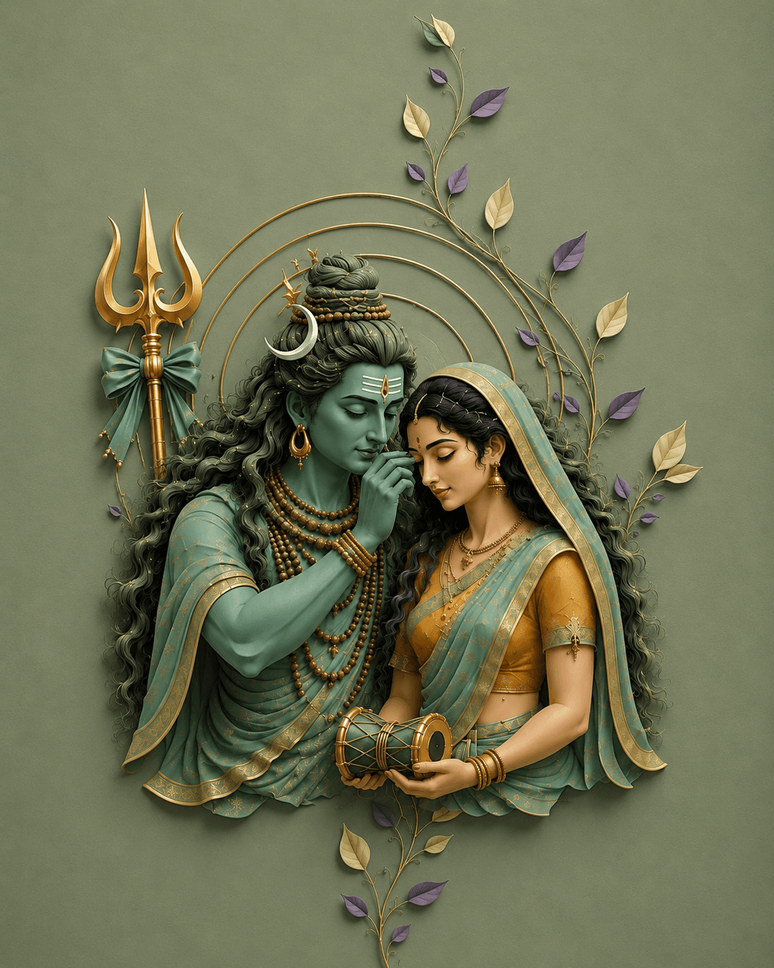 Elegant artwork of Lord Shiva blessing Goddess Parvati while she holds a Damru, framed by a golden circular design with Trishul, floral vines, and a sage green background.