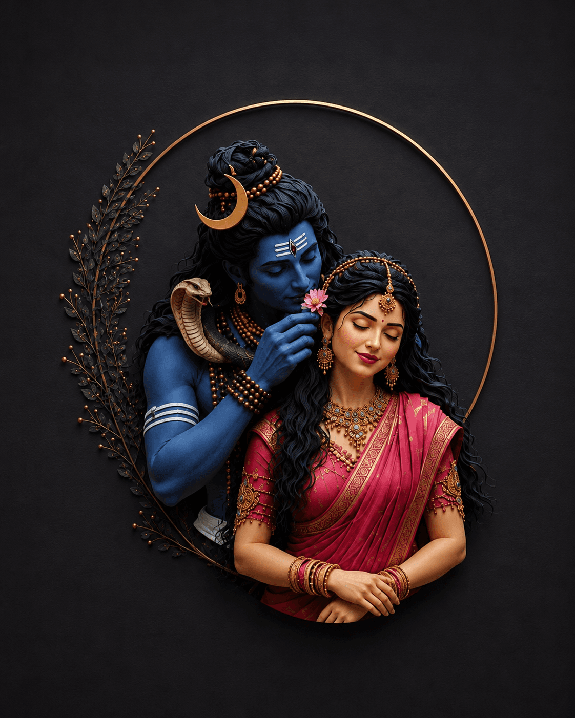 Elegant portrait of Lord Shiva gently placing a pink flower in Goddess Parvati's hair, framed by a golden circle with artistic black background and floral design.