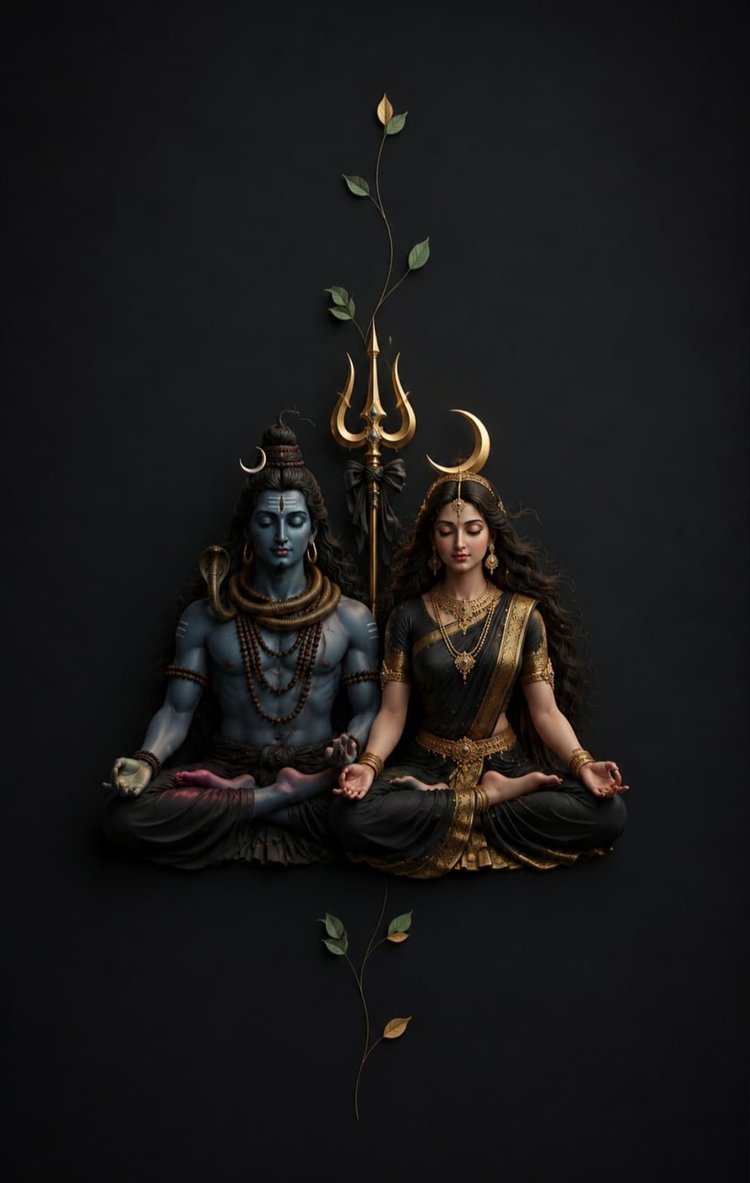 Elegant 4K image of Lord Shiva and Goddess Parvati meditating together beside a sacred trident on a dark background, free HD download.