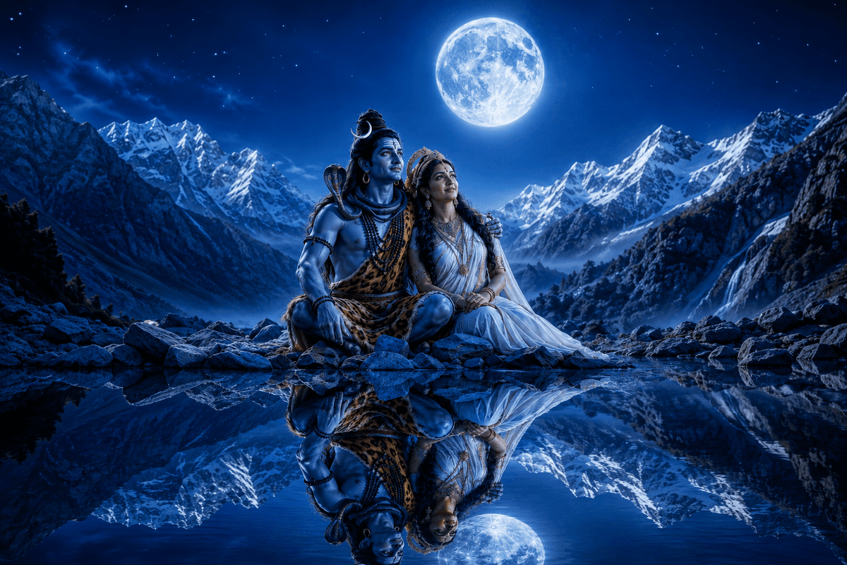 Beautiful 4K image of Lord Shiva and Goddess Parvati sitting beneath a glowing full moon in the Himalayas with a crystal-clear lake reflection, free HD download.