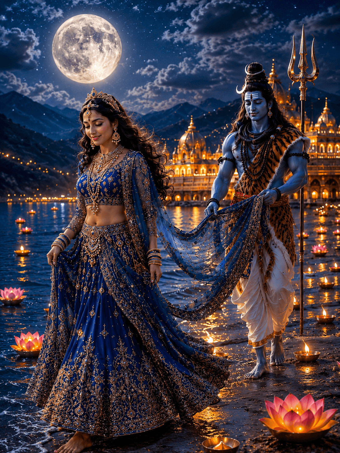 Stunning 4K image of Lord Shiva following Goddess Parvati while holding her flowing blue veil beside a moonlit temple, lotus-filled lake, glowing diyas, and a full moon, free HD download.