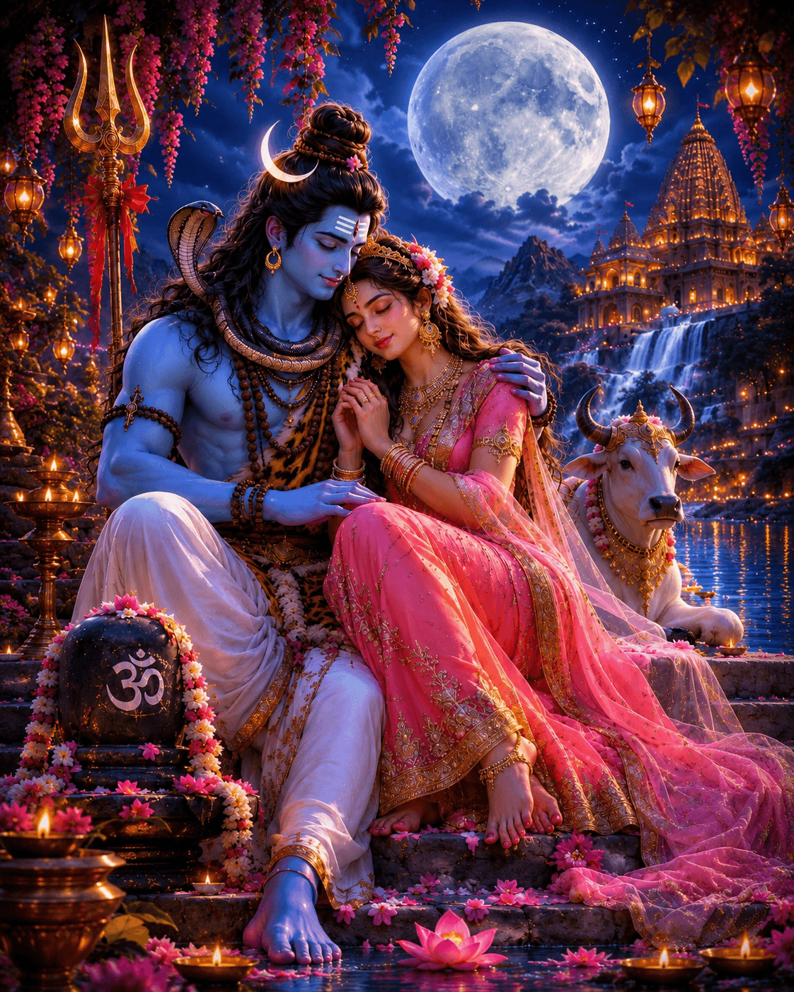 Lord Shiva and Goddess Parvati sitting together under the full moon beside a decorated Shivling, with Nandi, glowing temple, lotus flowers, and a peaceful night sky.