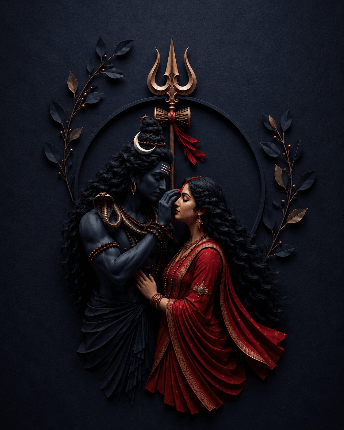 Premium 4K image of Lord Shiva applying sindoor to Goddess Parvati with a Trishul, Damru, sacred serpent, and elegant botanical frame, free HD download.