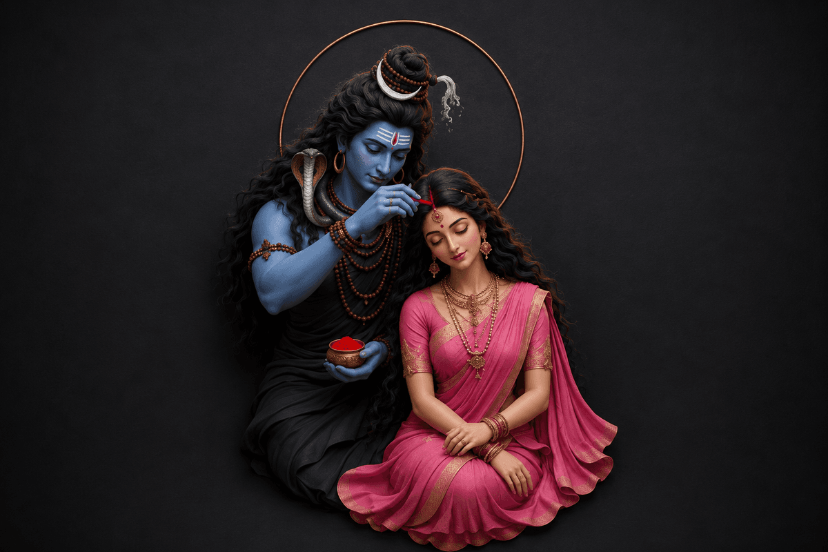 Beautiful 4K image of Lord Shiva applying sindoor to Goddess Parvati, featuring a crescent moon, sacred serpent, and divine aura, free HD download.