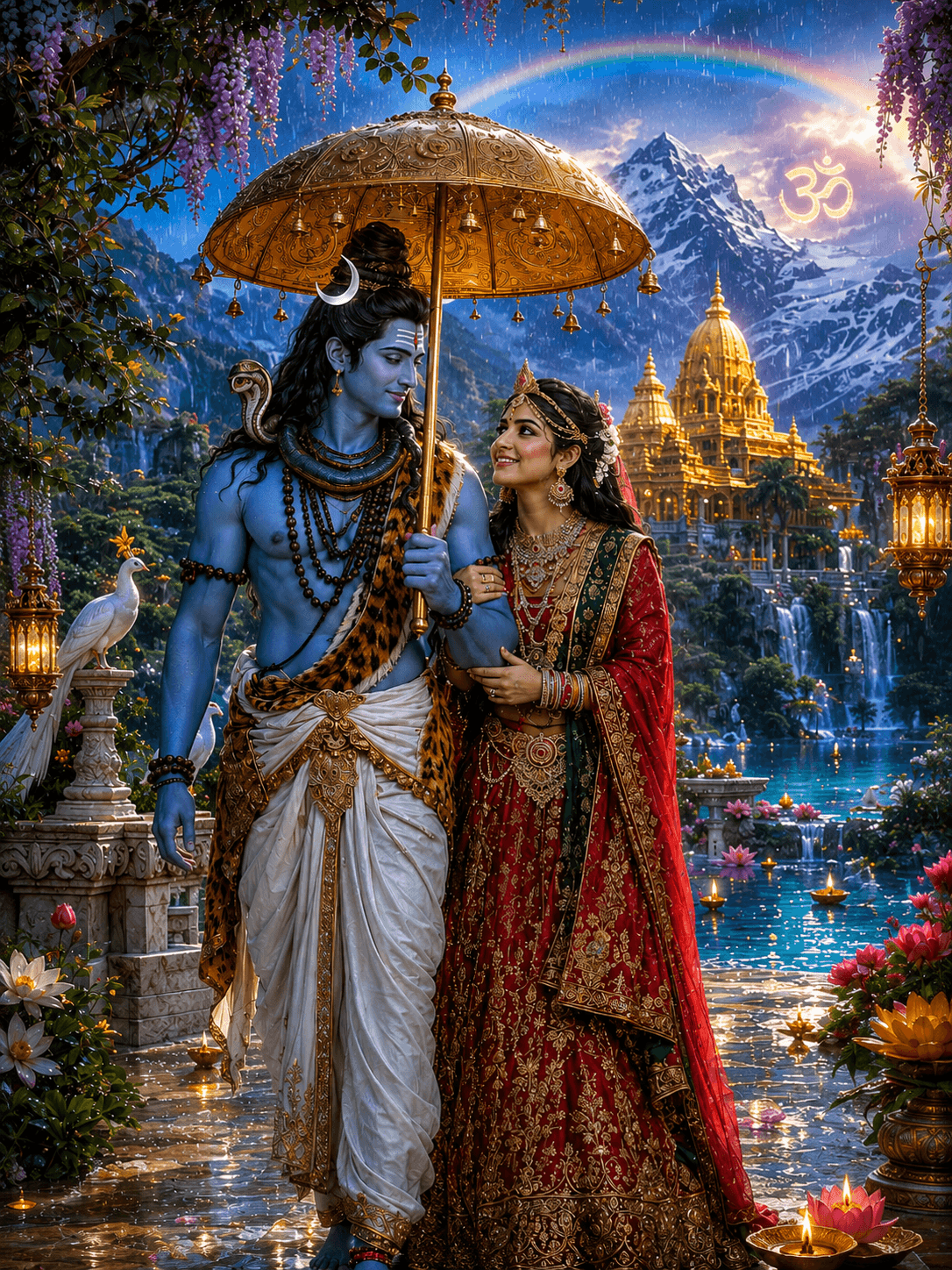 Beautiful 4K image of Lord Shiva and Goddess Parvati walking beneath a golden umbrella in a divine temple garden with Mount Kailash, waterfalls, rainbow, lotus pond, and the sacred Om symbol, free HD download.