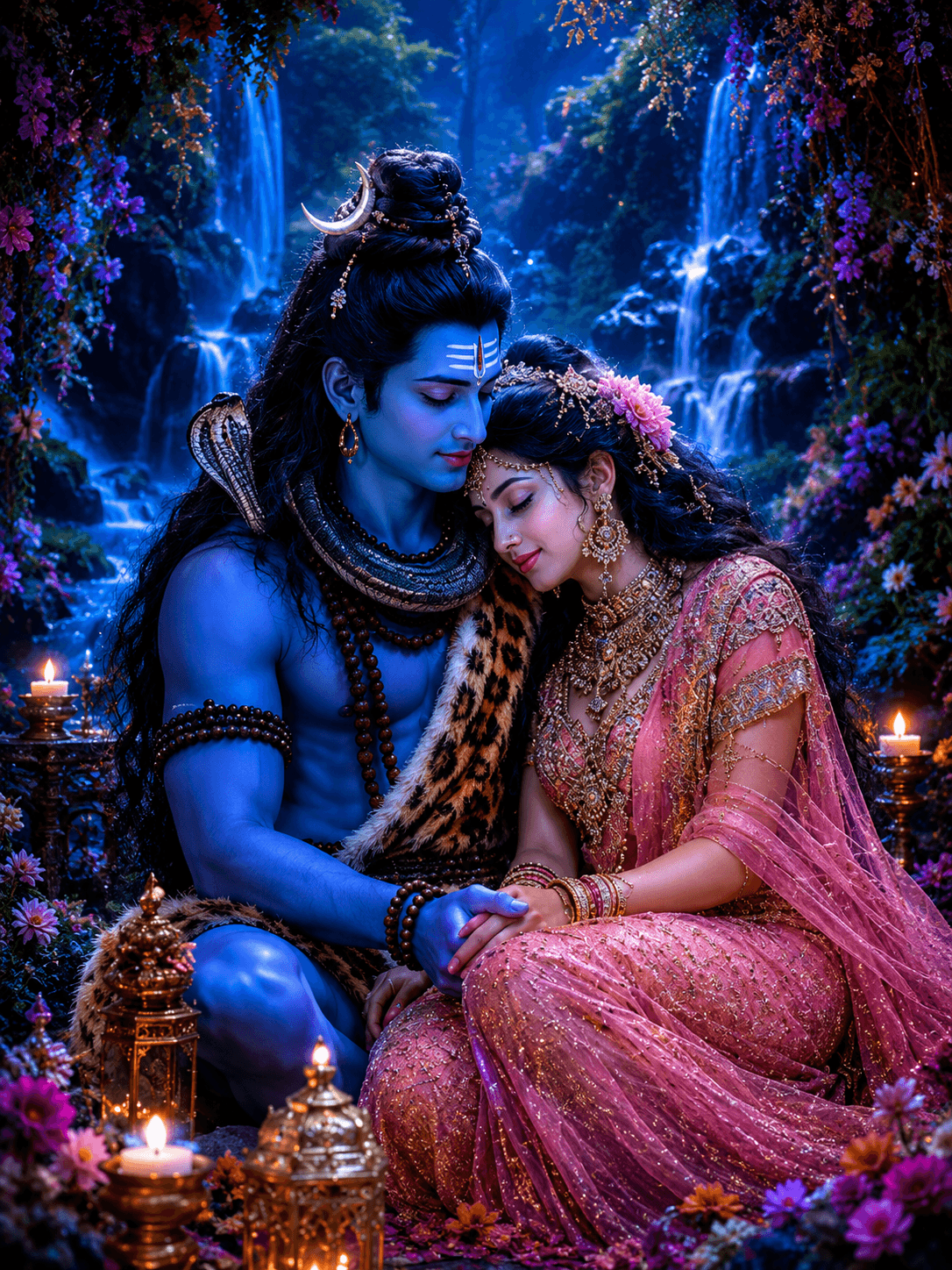 Lord Shiva and Goddess Parvati sitting together in a magical waterfall garden surrounded by flowers, glowing candles, and a serene blue night atmosphere.