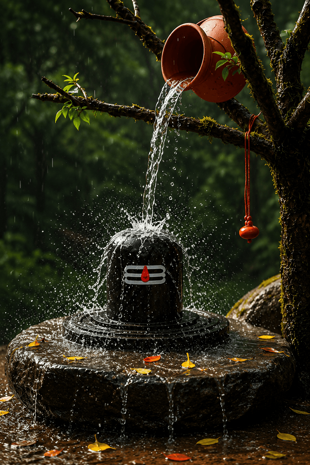 Beautiful 4K image of a sacred Shivling receiving continuous Jal Abhishek from a hanging clay pot in a lush forest, with flowing water and a serene devotional atmosphere, free HD wallpaper download.