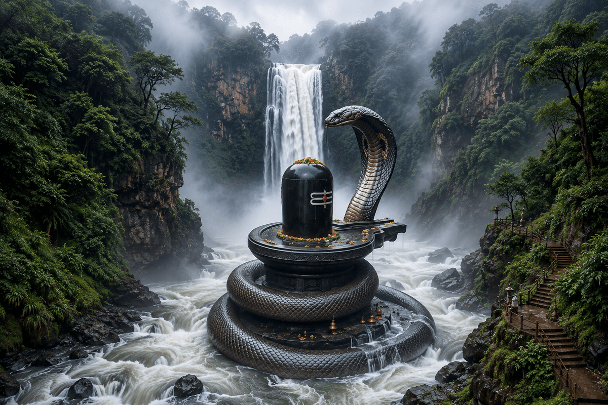 Divine 4K Shivling image with Vasuki Nag, a majestic waterfall, flowing river, and lush forest backdrop, free HD download for wallpapers and devotional use.