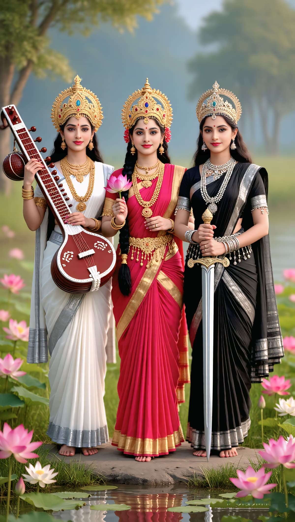 4K HD image of Tridevi — Goddess Saraswati holding veena, Goddess Lakshmi with lotus, and Goddess Parvati with sword — free to download.