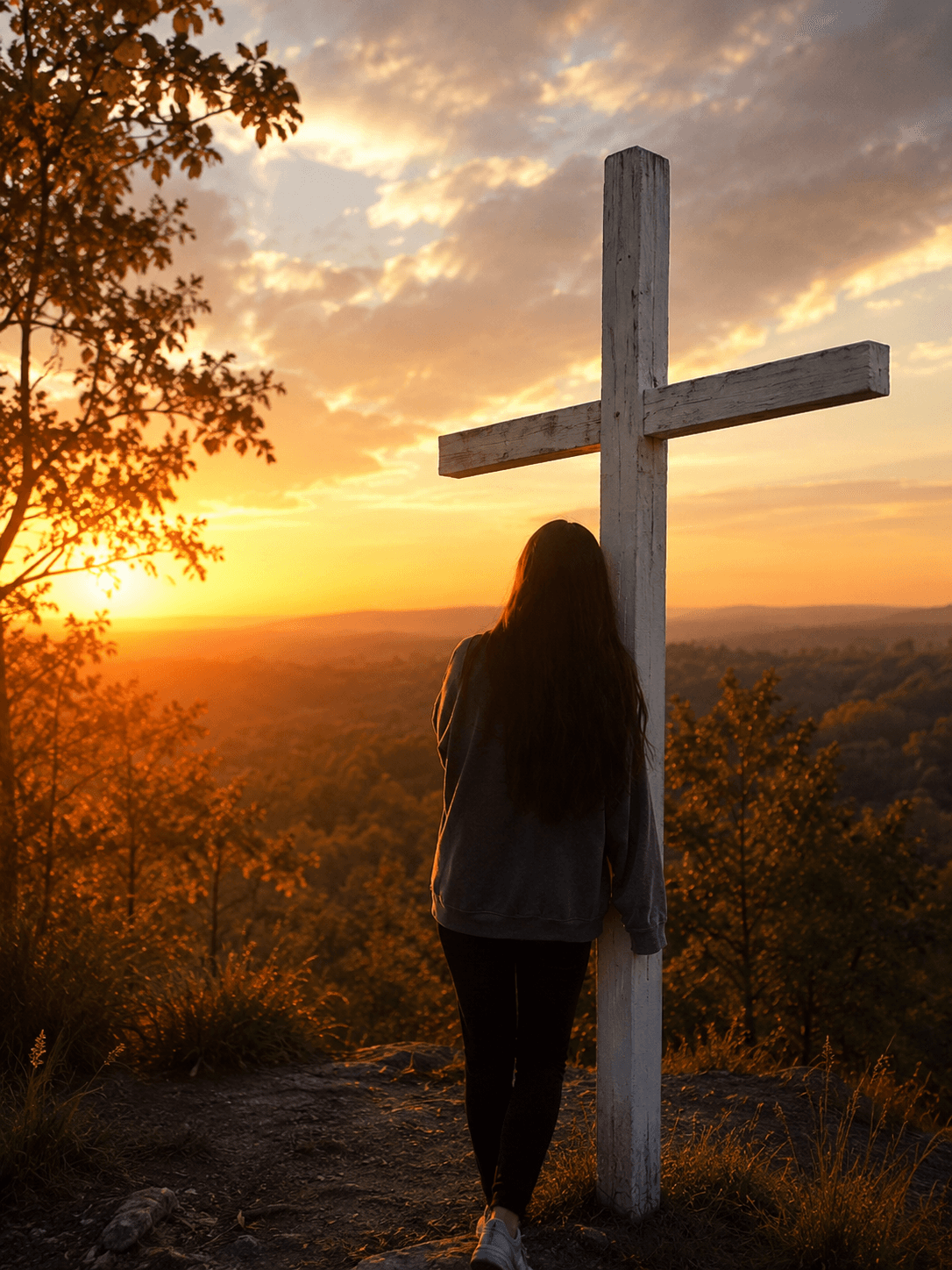 A woman standing beside a white Christian cross at sunset, overlooking a scenic landscape, symbolizing faith, prayer, hope, worship, and spiritual devotion.