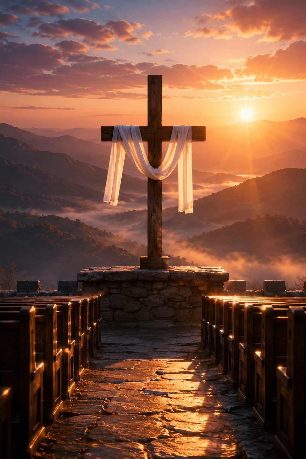 A wooden Christian cross draped with a white cloth at sunrise, overlooking mountains and a peaceful valley, symbolizing the resurrection, hope, faith, worship, and salvation.