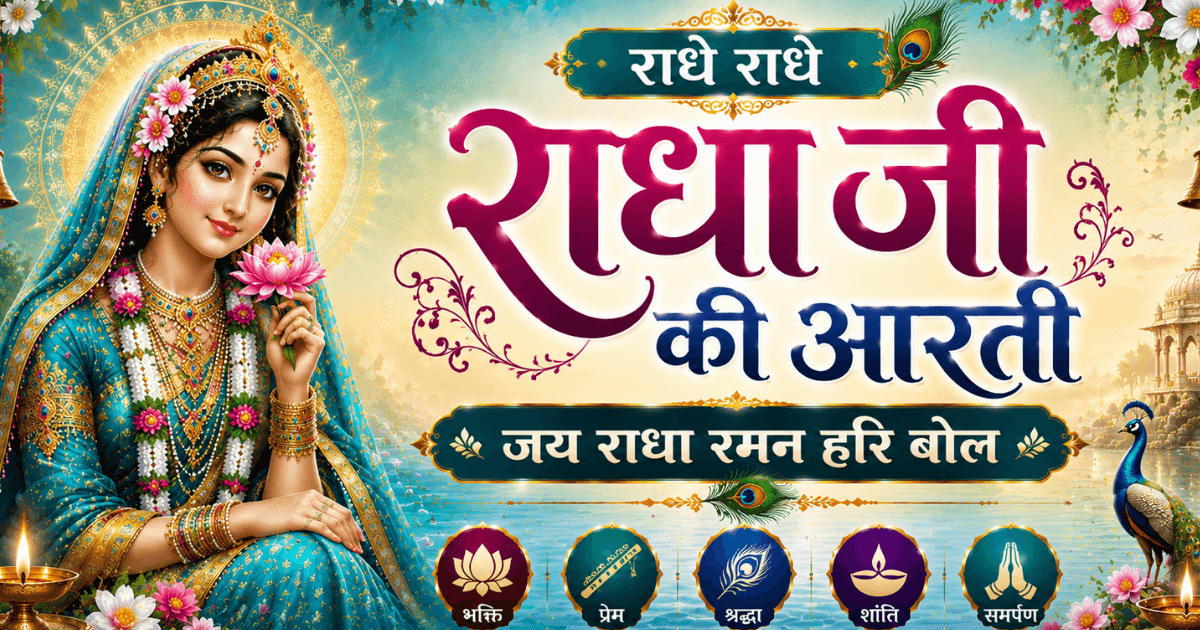 Radha Ji ki aarti ka devotional image, Vrindavan mein Radha Rani aur Krishna bhakti ke saath